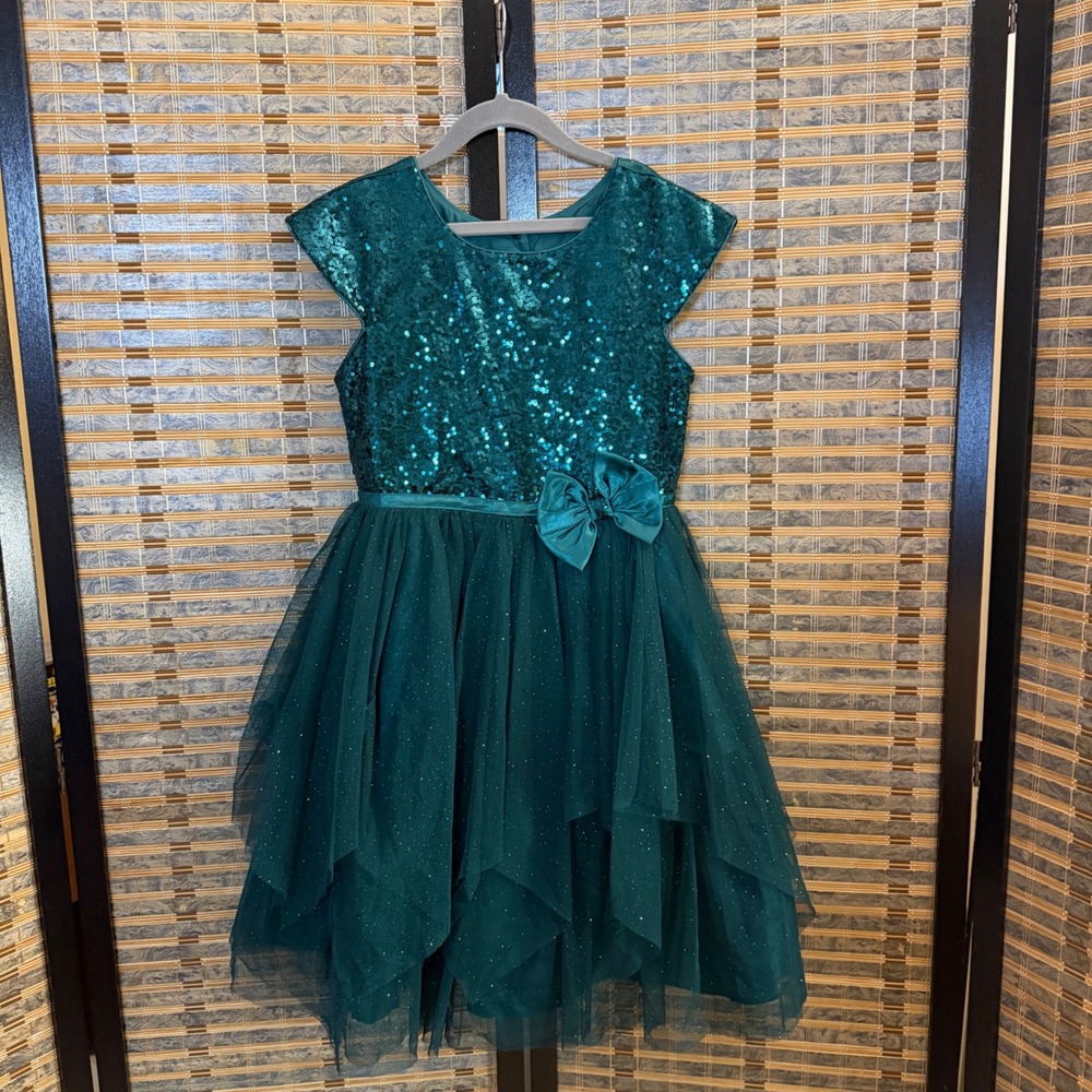 Jona Michelle Sequin Tulle Dress Kids 10 Green Holiday Formal Party CO6049